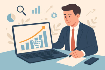 Businessman Analyzing Sales Growth Strategy, Marketing Analysis, E-commerce Success, Laptop with Upward Graph, Shopping Cart, Data Visualization, Revenue Increase, Digital Marketing, Office Workspace