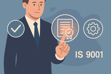 ISO 9001 Certification, Quality Management System, Standardization, Businessman Selecting Certified Quality Control Icons, Modern Flat Vector Illustration, Organization Compliance, Process Improvement