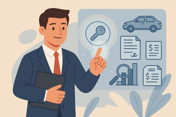 Leasing Business Concept, Businessman Presenting Leasing Icon, Contract Management, Asset Leasing Options, Financial Agreement Analysis, Car Lease, Document Review, Finance, Key, Business Analysis