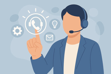 Customer Service Representative Touching Virtual Support Icon, Technical Support Call Center Assistance, Online Helpdesk Communication, Headset Operator, Modern Flat Vector Illustration