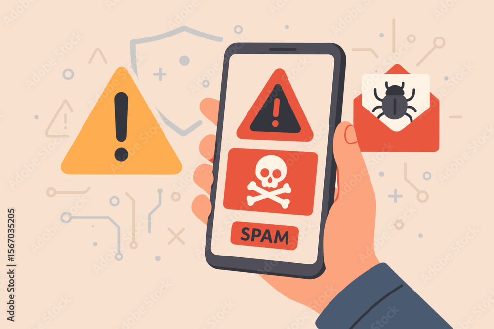 Poster smartphone security threats warning. spam virus alert. cybersecurity notification. hacked system cau