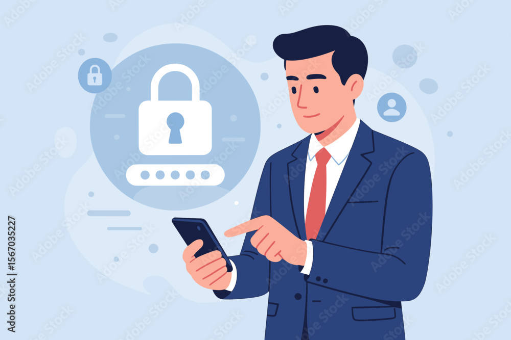 Poster access control concept with a businessman using a mobile smartphone for security. virtual icon for p