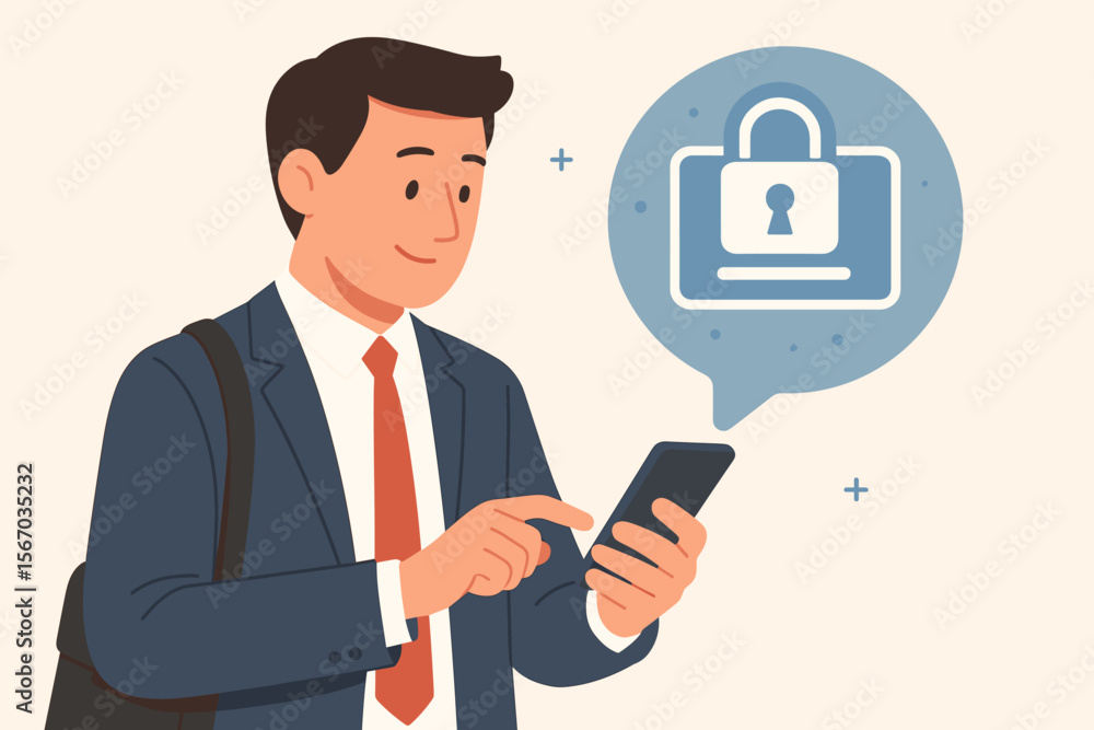 Poster access control concept. businessman with mobile smartphone for secure login. data protection, cybers