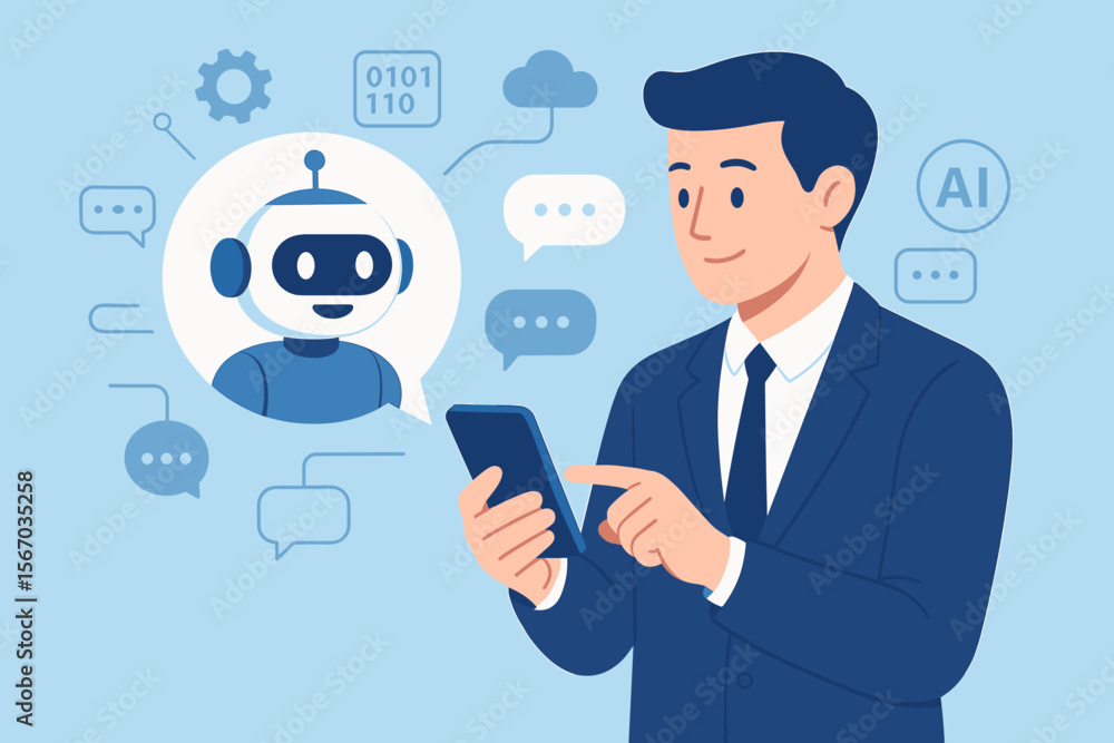 Poster ai chatbot technology concept. businessman using a smartphone to communicate with a virtual robot as