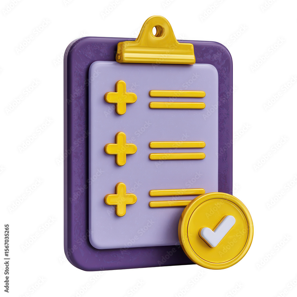Poster 3d clipboard with checklist and verified coin isolated on transparent background