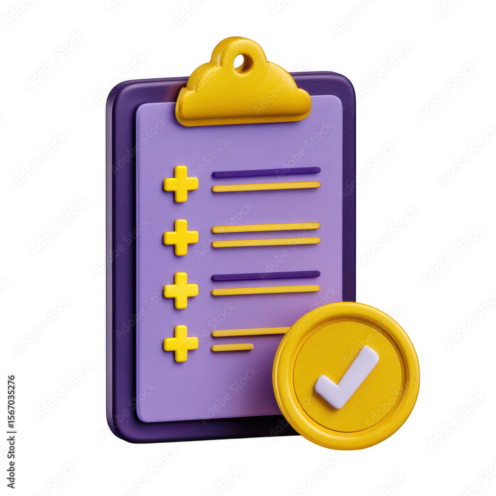 Poster 3d checklist with checkmark coin isolated on transparent background