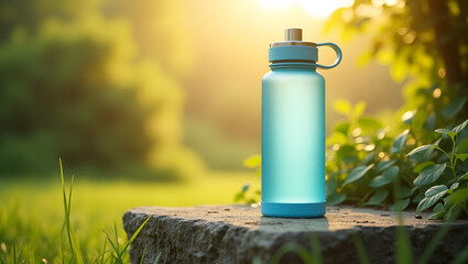 Reusable Water Bottle on Warm Rock with Natural Landscape Background &ndash; Eco-Friendly Concept