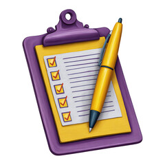Purple clipboard with yellow paper and yellow pen isolated on transparent background
