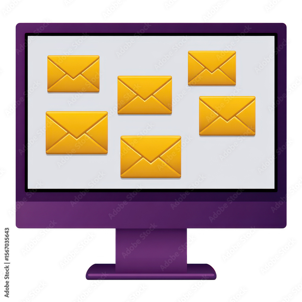 Poster computer monitor displaying multiple yellow envelopes isolated on transparent background