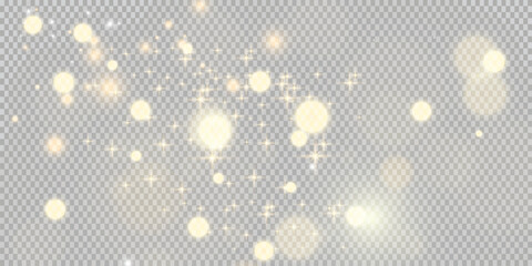 Glowing light effect with sparkling stars on transparent background. Shiny glitter burst, magic sparkle trail, twinkle dust overlay for photo editing, design, festive or party themes