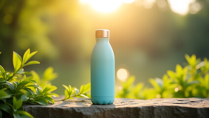 Reusable Water Bottle on Warm Rock with Natural Landscape Background &ndash; Eco-Friendly Concept