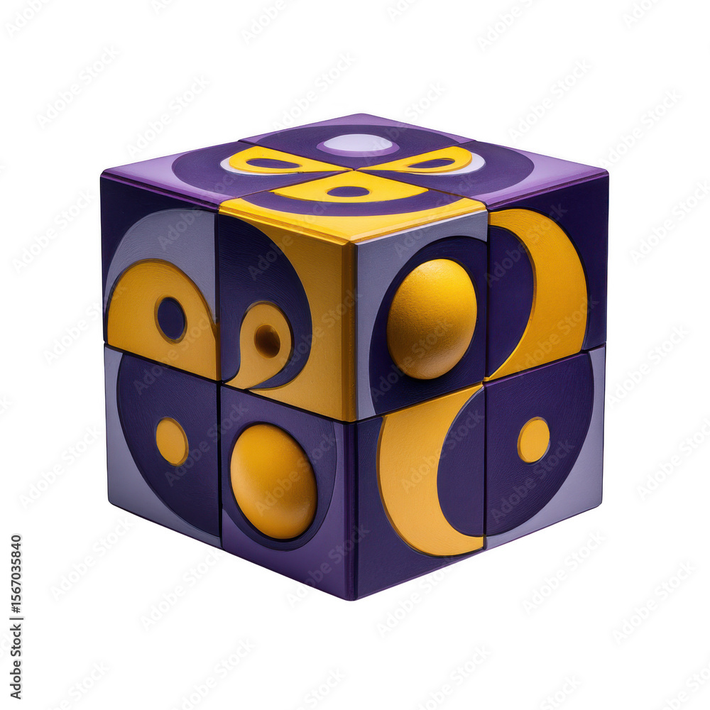 Poster abstract geometric cube puzzle with yin yang symbols isolated on transparent background