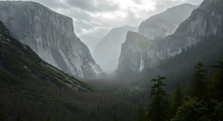 Yosemite Valley with a towering waterfall among misty, majestic mountains and lush green trees. Nature landscape for travel and adventure.