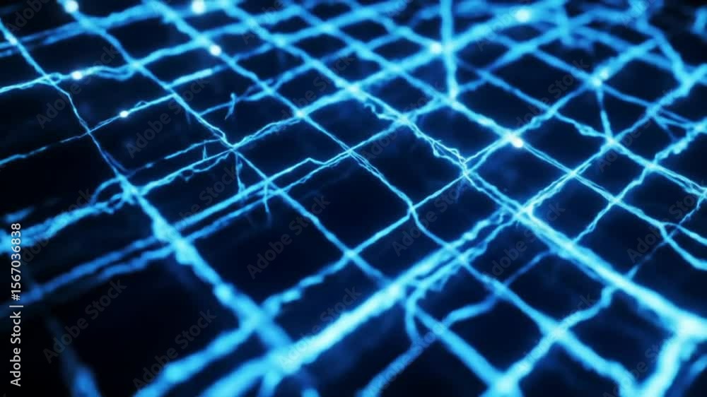 Poster abstract blue grid network with glowing nodes and energy flow in dark space