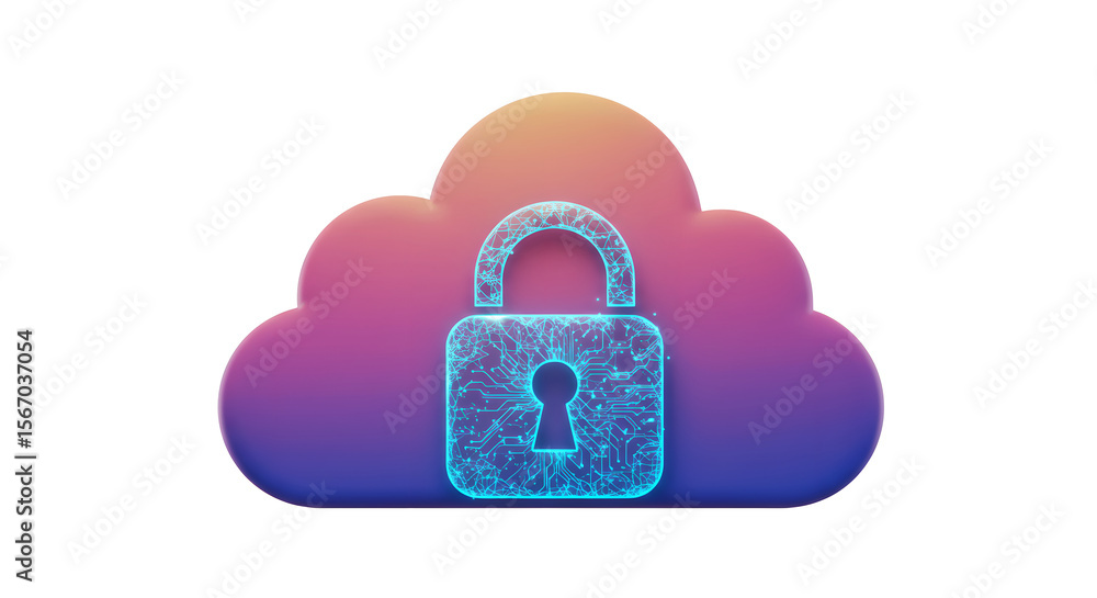 Poster cloud with a glowing digital padlock. secure data storage concept for internet security and privacy 