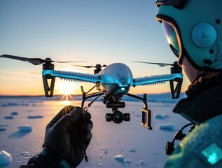 Naklejka premium Frost-covered drone in snow, ice crystals on UAV sensors, aurora borealis glows on matte black wings, scientist in thermal gear adjusts equipment during polar testing.