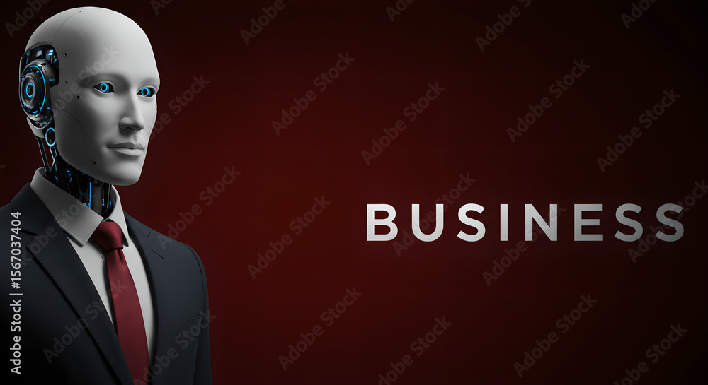 Poster robot ai dressed in a business suit with a red tie. artificial intelligence concept for futuristic t