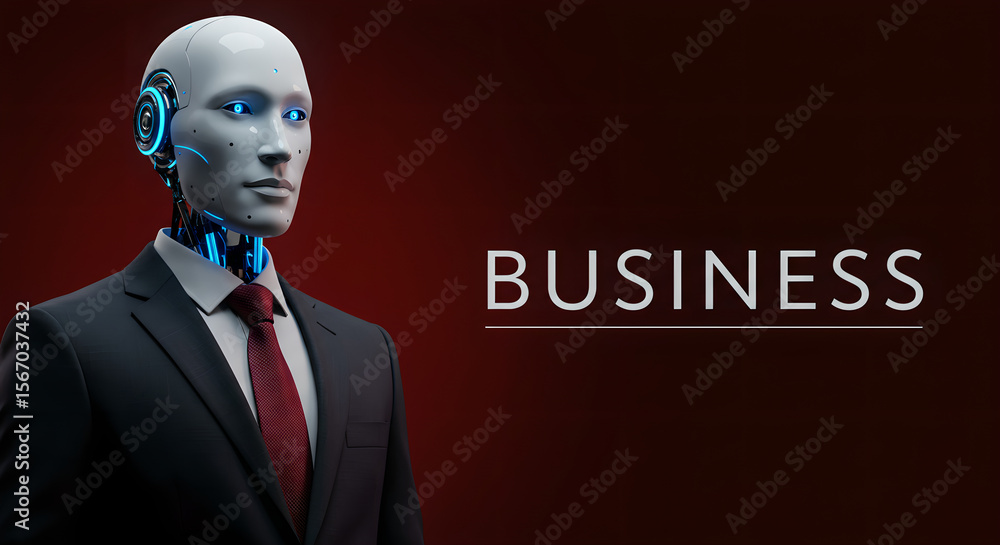 Poster robot in a business suit representing artificial intelligence and automation in modern business indu