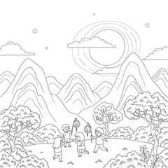 Fototapeta premium Children celebrating outdoors with lanterns under a starry sky and mountains isolated on transparent background