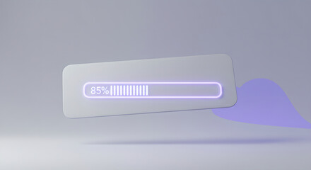 A 3d rendering of a data loading or processing bar showing 85 percent completion. Progress bar visualization on a digital interface for system updates or file transfer.