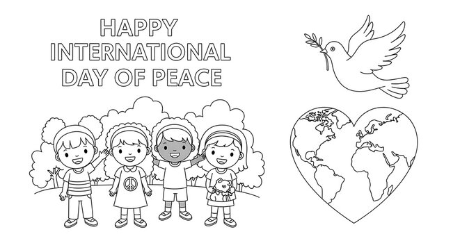 Happy international day of peace with diverse children and symbols of peace isolated on transparent background
