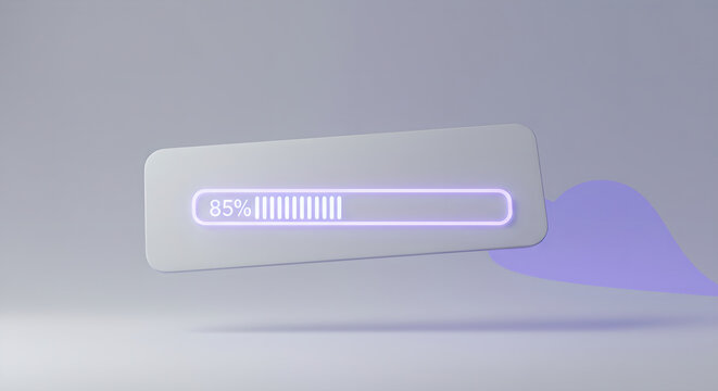 A 3d rendering of a data loading or processing bar showing 85 percent completion. Progress bar visualization on a digital interface for system updates or file transfer.
