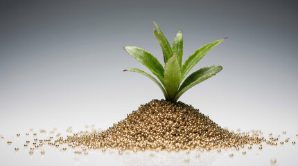 Minimalist concept of a green sprout growing from golden spheres. Clean white background highlights the contrast between organic life and metallic wealth. Ideal for eco-business visuals.