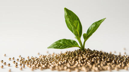 Closeup of a young green plant emerging from a bed of shiny golden beads. A symbol of sustainable growth, eco-luxury, and nature thriving in modern decorative settings.