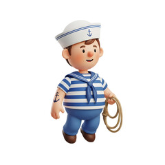 Cartoon Sailor Illustration With Blue And White Striped Shirt Holding A Rope With Anchor Tattoo And Transparent Background