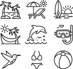 Collection of summer vacation and beach activity icons in a clean line art style