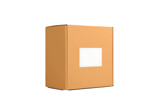 A simple orange cardboard box with a white label area isolated on transparent background