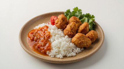 A delicious plate of food on a simple wooden table, featuring steaming white rice, crispy fried chicken, spicy chili sauce, and fresh vegetables on the side. Plain background in white or light gray