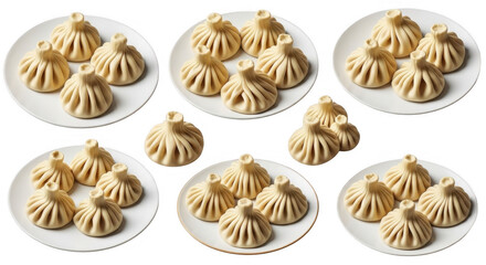 Traditional Dumplings Arranged on Plates Ready for Serving and Enjoying, isolated on a transparent background