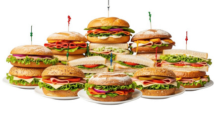 Variety of Colorful Sandwiches Stacked on Plates for a Delicious Meal Experience, isolated on a transparent background