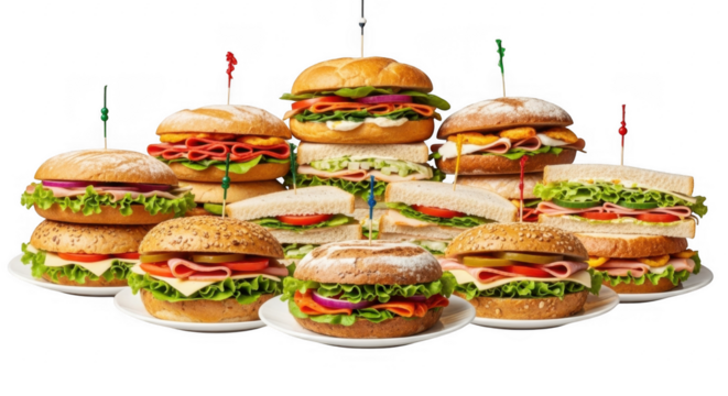 Variety of Colorful Sandwiches Stacked on Plates for a Delicious Meal Experience, isolated on a transparent background