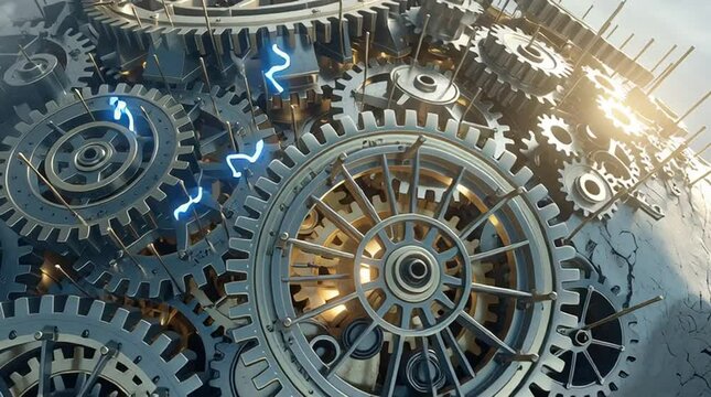 Biomechanical brain of interlocking brass gears, sparking with blue electricity and glowing memories