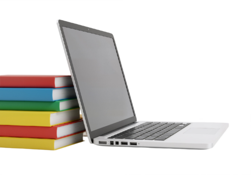 Modern Laptop with Colorful Books Against White Background, Symbolizing Technology, Education, and Blended Learning