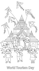 Fototapeta premium Children flying kites in front of a temple celebrating world tourism day isolated on transparent background