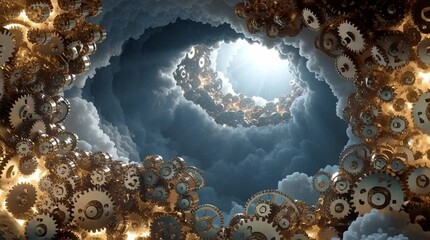 Biomechanical brain of interlocking brass gears with electrical sparks and glowing memory cores - Powered by Adobe