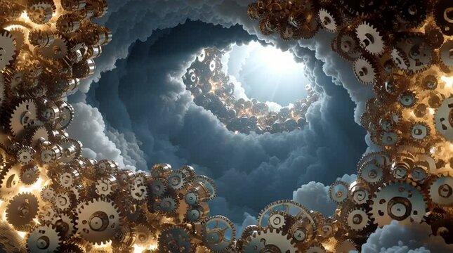 Biomechanical brain of interlocking brass gears with electrical sparks and glowing memory cores