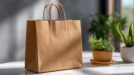Brown paper shopping bag with plants