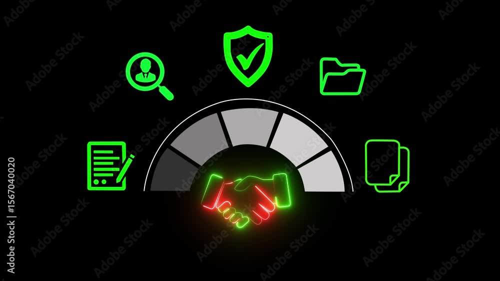 Fototapete procurement digital interface with handshake icon on businessman hand on the black background. symbo