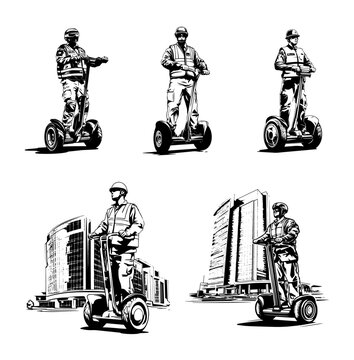 Security Guards Patrolling on Segways &ndash; Black and White Vector Set/