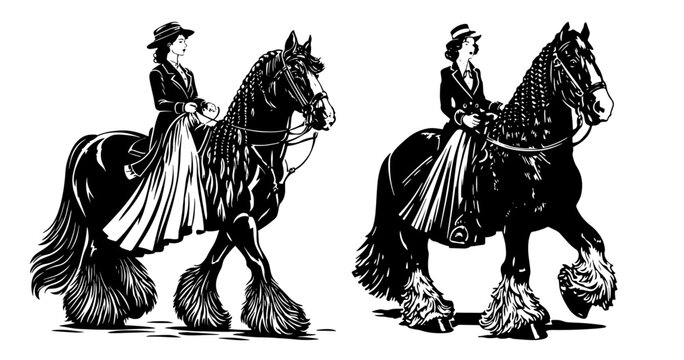 Elegant black and white vector illustrations of women riding horses side-saddle in traditional attire, emphasizing grace and equestrian beauty.