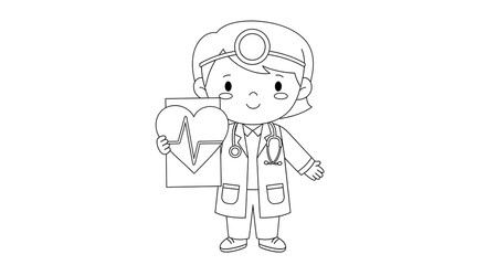 Cute cartoon doctor holding a heart with electrocardiogram isolated on transparent background