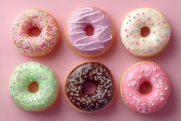 Top view of six donuts with different colorful glazes and sprinkles on pink background. Bright and cheerful composition perfect for dessert and bakery themes.