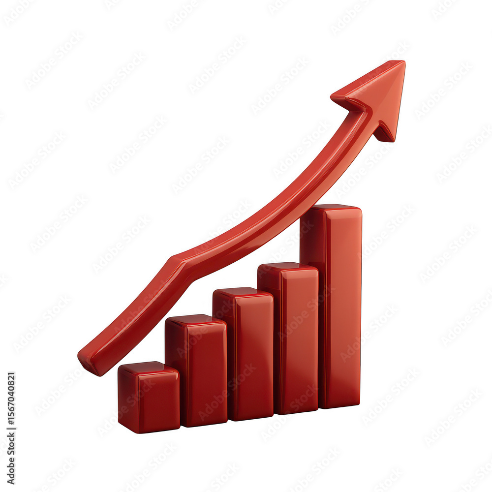 Poster red 3d bar chart with upward trending arrow isolated on transparent background