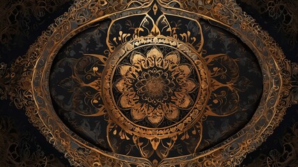 Fototapeta premium Intricate golden mandala design on a dark backdrop, creating a captivating and elegant aesthetic.