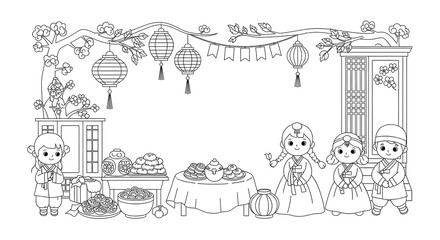 Cute children in korean hanbok celebrating with traditional food and lanterns isolated on transparent background