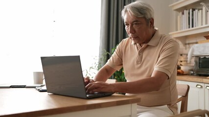Senior man with casual cloth working on laptop while sitting at home. Elder businessman writing report and looking at financial data while making decision for investment in start up project. Myrmidon. - Powered by Adobe